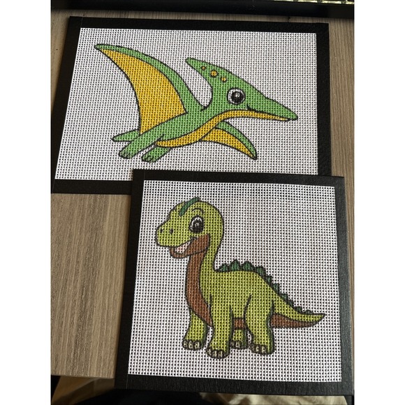 Needlepoint Other - Lot Of 2 Hand Painted Green Dinosaur cross stitch Needlepoints Canvases 14 Mesh